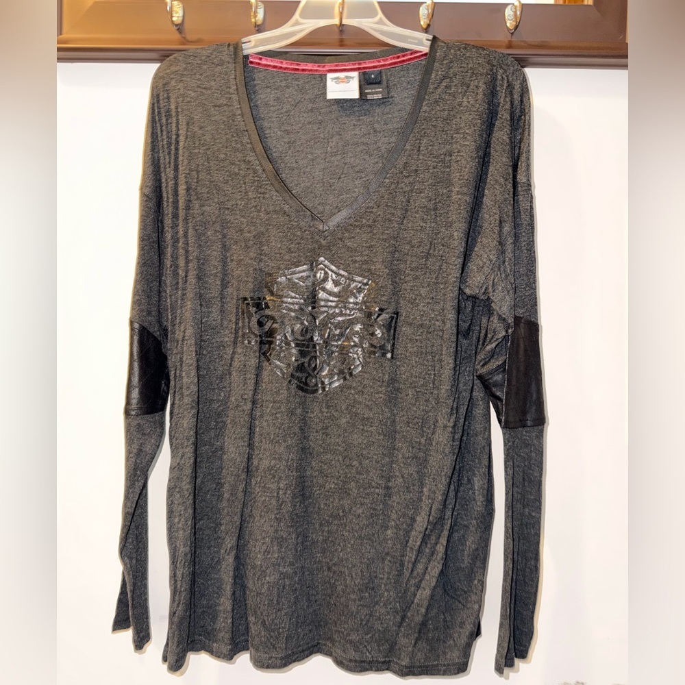 Harley-Davidson Charcoal V-Neck Long Sleeve Tee Size Large